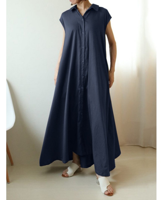 Solid Button Lapel Ruched Short Sleeve Maxi Shirt Dress - Black S