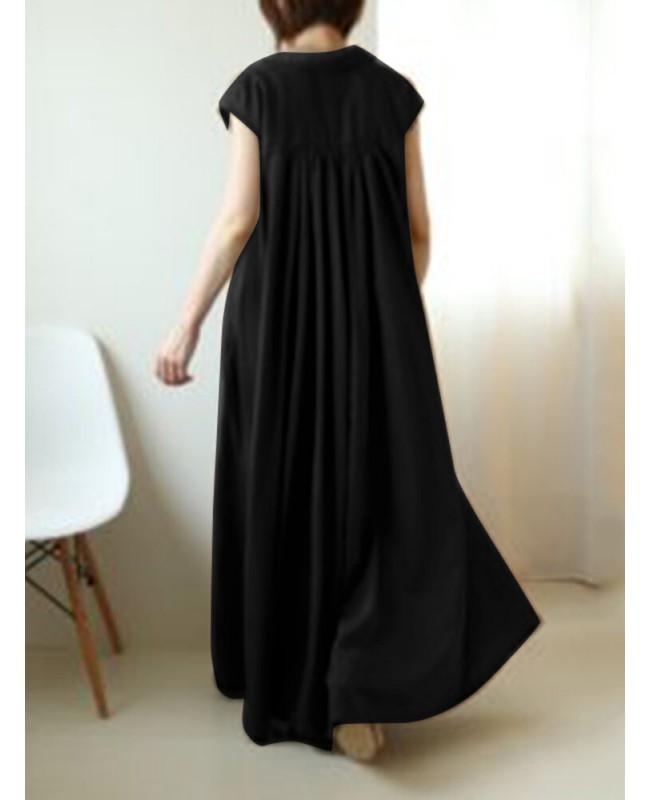 Solid Button Lapel Ruched Short Sleeve Maxi Shirt Dress - Black S