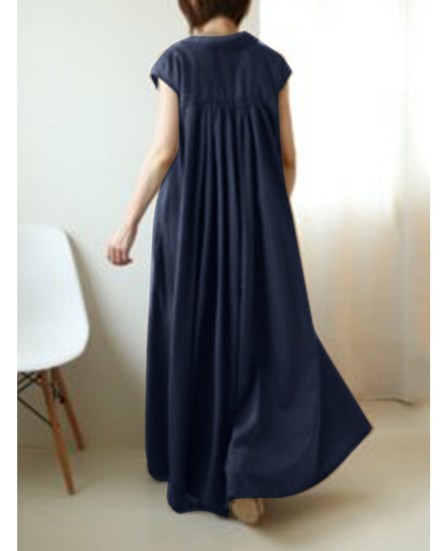 Solid Button Lapel Ruched Short Sleeve Maxi Shirt Dress - Black S