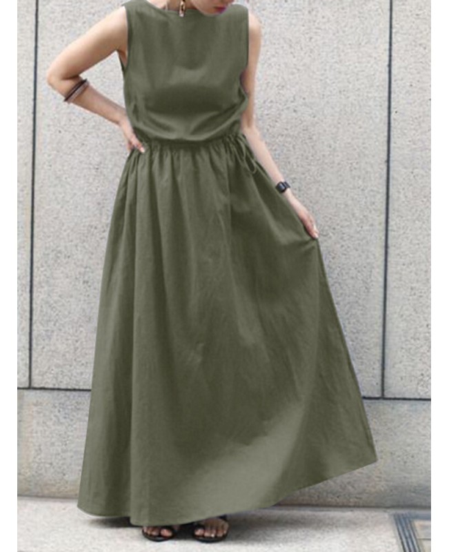 Leisure Solid Drawstring Sleeveless Casual Maxi Dress - Black 3XL