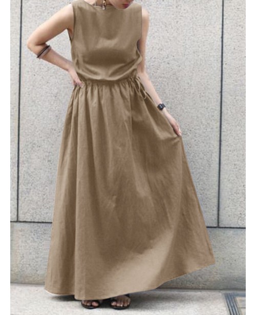 Leisure Solid Drawstring Sleeveless Casual Maxi Dr...
