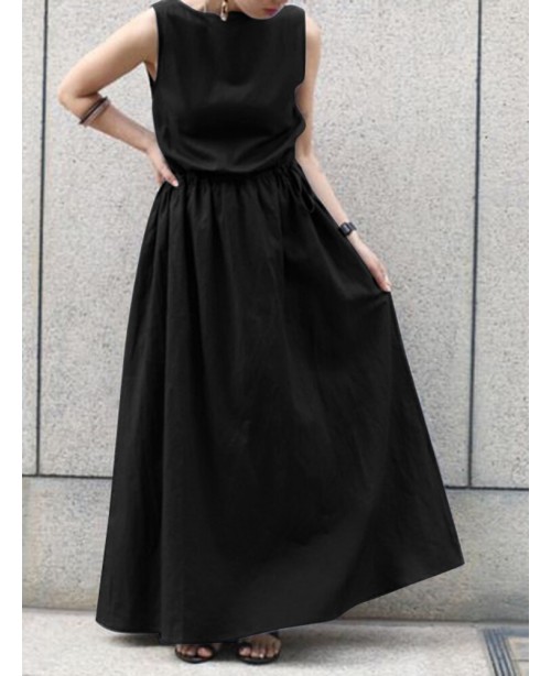 Leisure Solid Drawstring Sleeveless Casual Maxi Dr...