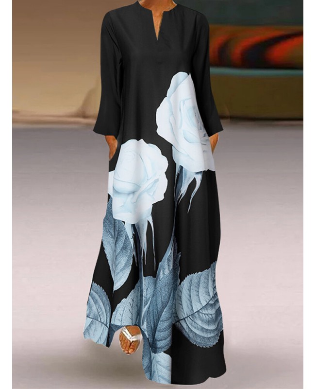 Women Floral Bohemian Leisure Side Pockets Loose Summer Dress - Black S