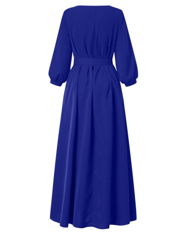 Solid Color Belted O-neck Lace Up Side Pocket 3/4 Sleeve Vintage Maxi Dress - Green S