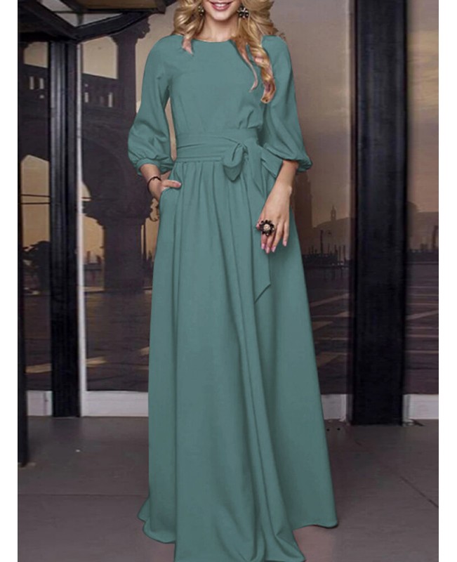 Solid Color Belted O-neck Lace Up Side Pocket 3/4 Sleeve Vintage Maxi Dress - Green S