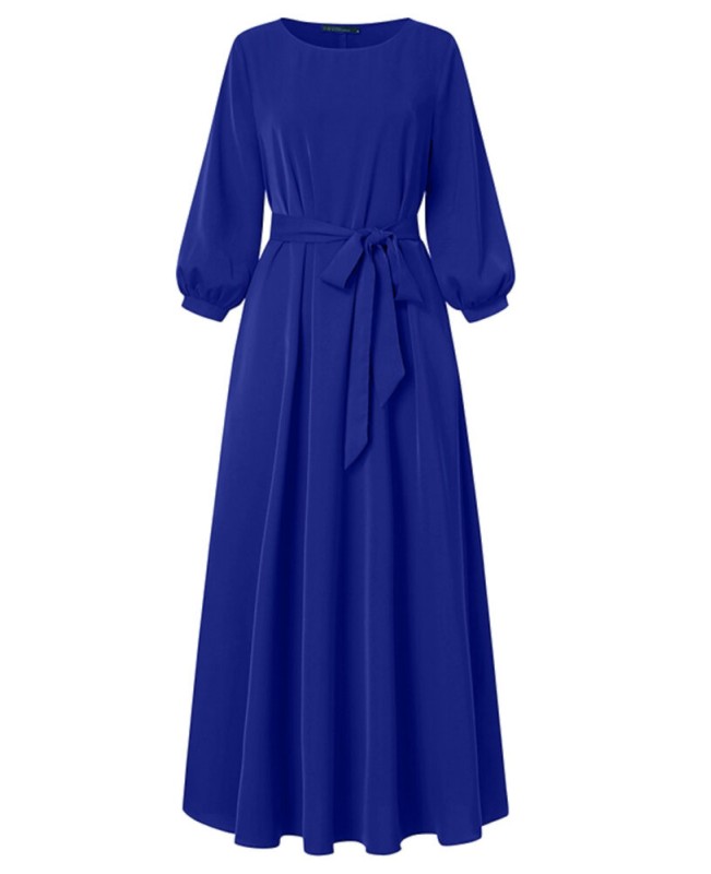 Solid Color Belted O-neck Lace Up Side Pocket 3/4 Sleeve Vintage Maxi Dress - Green S