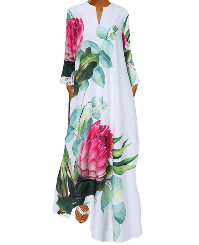Nature V-Neck Floral printed Fashion European Retro Loose Dress - Black S