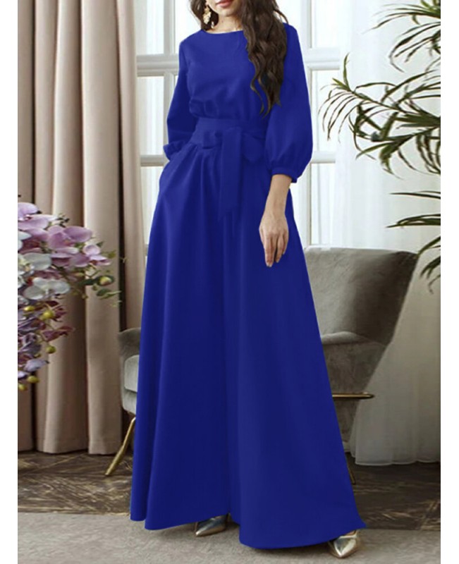Solid Color Belted O-neck Lace Up Side Pocket 3/4 Sleeve Vintage Maxi Dress - Green S