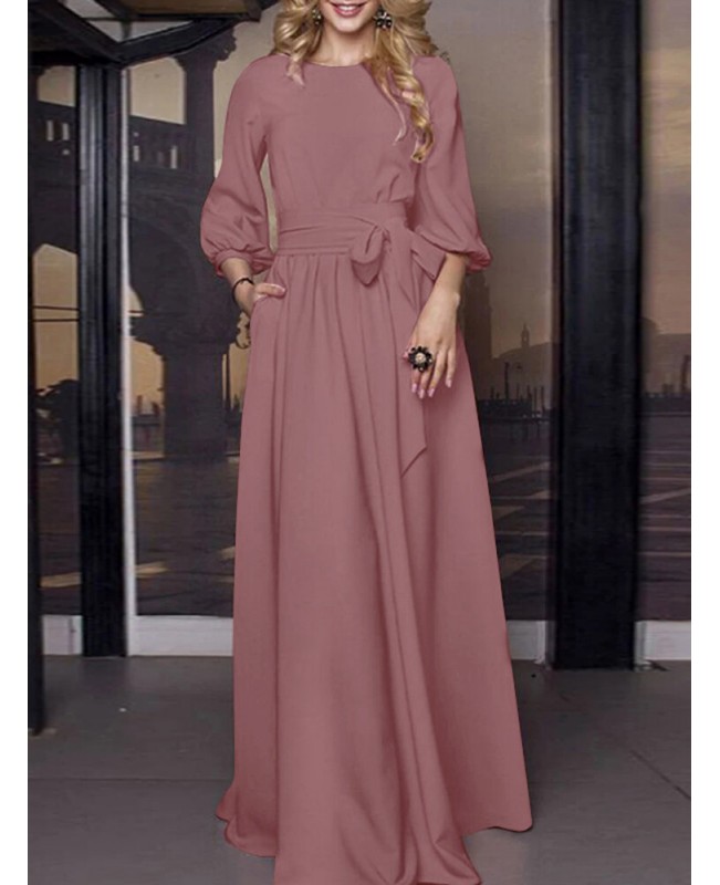 Solid Color Belted O-neck Lace Up Side Pocket 3/4 Sleeve Vintage Maxi Dress - Green S