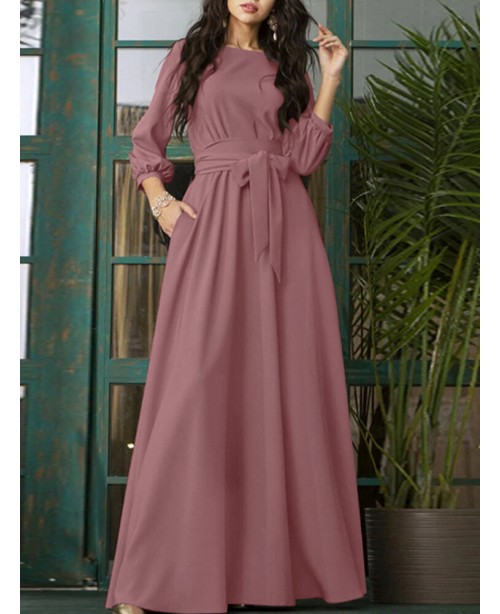 Solid Color Belted O-neck Lace Up Side Pocket 3/4 ...