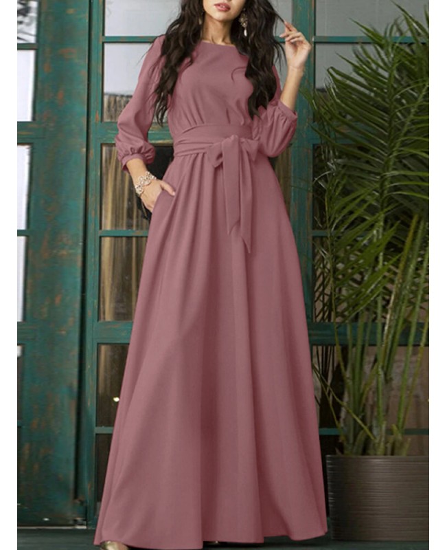 Solid Color Belted O-neck Lace Up Side Pocket 3/4 Sleeve Vintage Maxi Dress - Green S