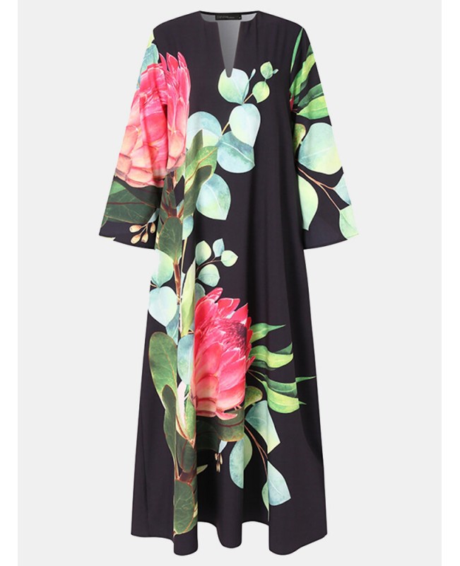Nature V-Neck Floral printed Fashion European Retro Loose Dress - Black S