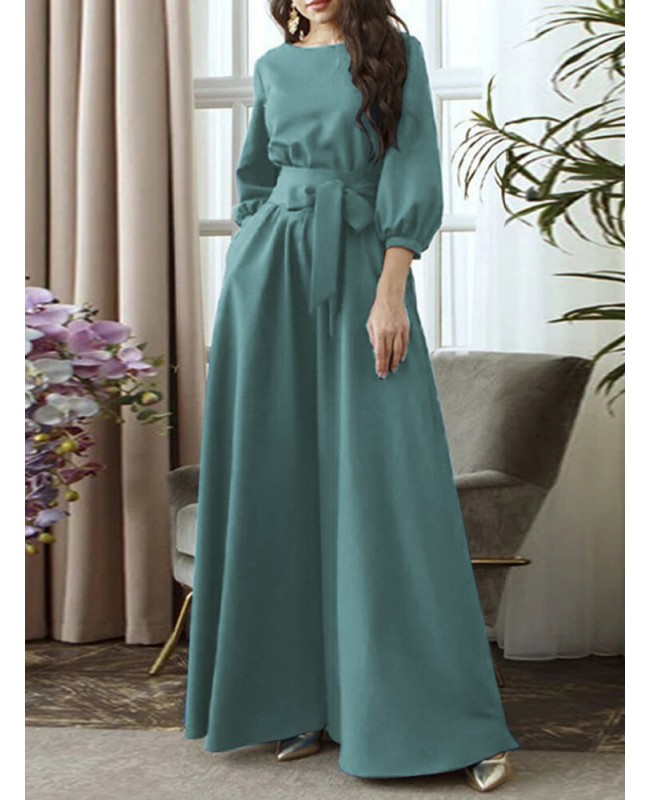 Solid Color Belted O-neck Lace Up Side Pocket 3/4 Sleeve Vintage Maxi Dress - Green S