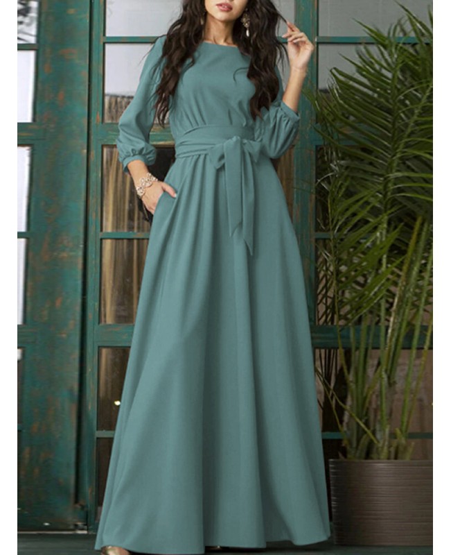 Solid Color Belted O-neck Lace Up Side Pocket 3/4 Sleeve Vintage Maxi Dress - Green S
