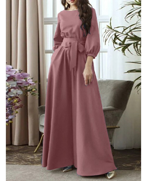 Solid Color Belted O-neck Lace Up Side Pocket 3/4 ...