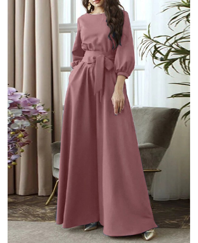 Solid Color Belted O-neck Lace Up Side Pocket 3/4 Sleeve Vintage Maxi Dress - Green S
