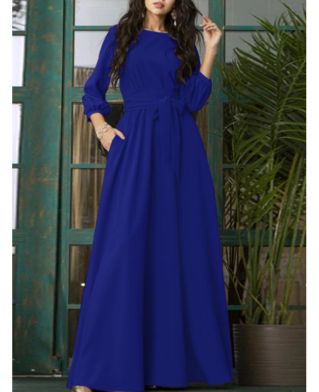 Solid Color Belted O-neck Lace Up Side Pocket 3/4 Sleeve Vintage Maxi Dress - Green S