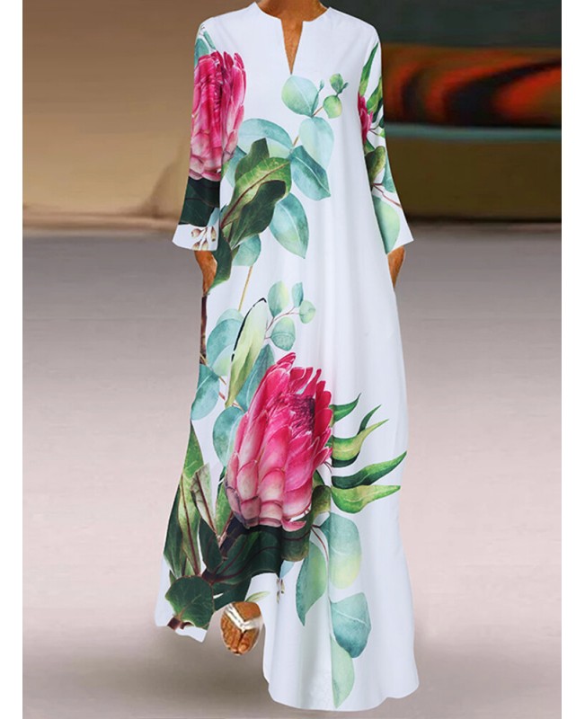 Nature V-Neck Floral printed Fashion European Retro Loose Dress - Black S