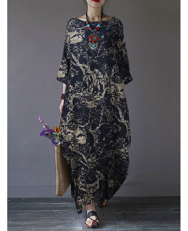 Tree Print Side Pockets O-neck 3/4 Sleeve Cotton Dress - White S