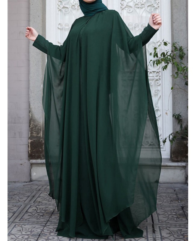 Women Kaftan Tunic Two-Piece Detachable Outside Bat Long Sleeve Maxi Dress - Black S