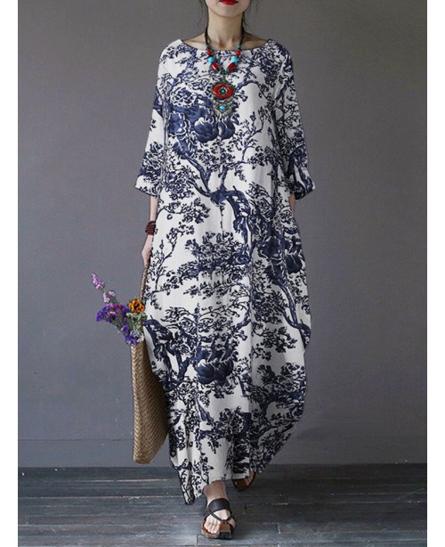Tree Print Side Pockets O-neck 3/4 Sleeve Cotton D...