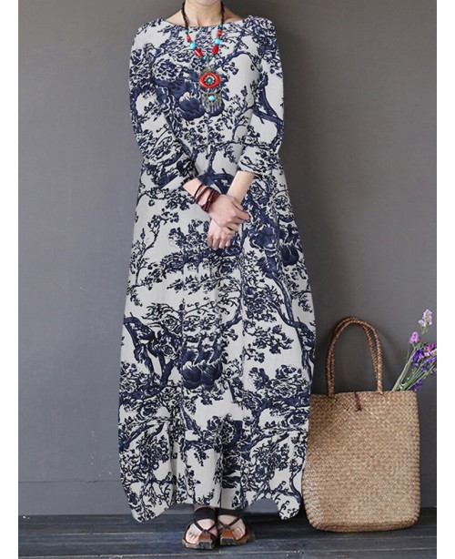 Tree Print Side Pockets O-neck 3/4 Sleeve Cotton D...