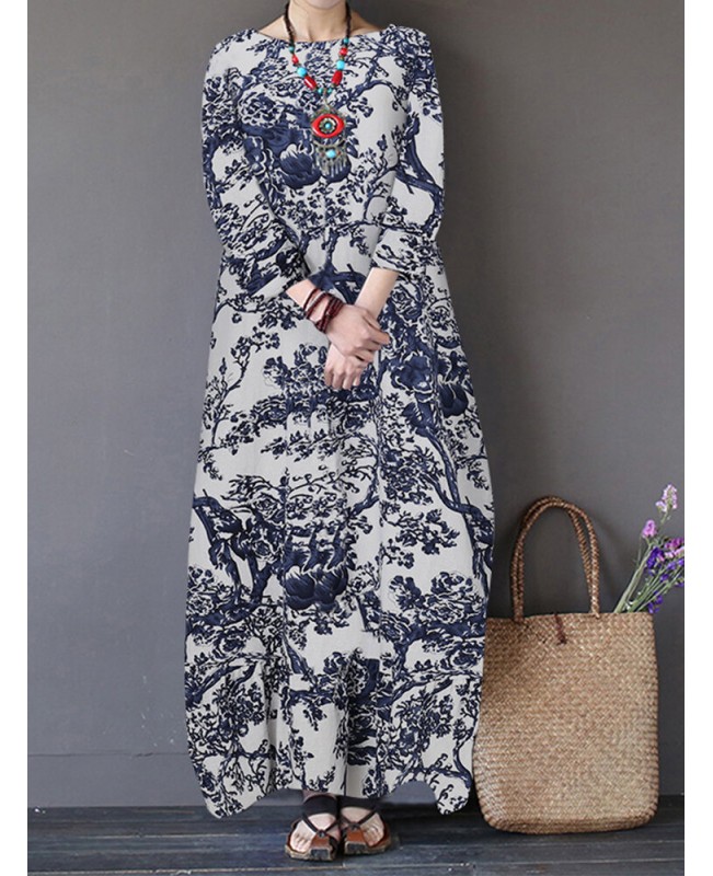 Tree Print Side Pockets O-neck 3/4 Sleeve Cotton Dress - White S