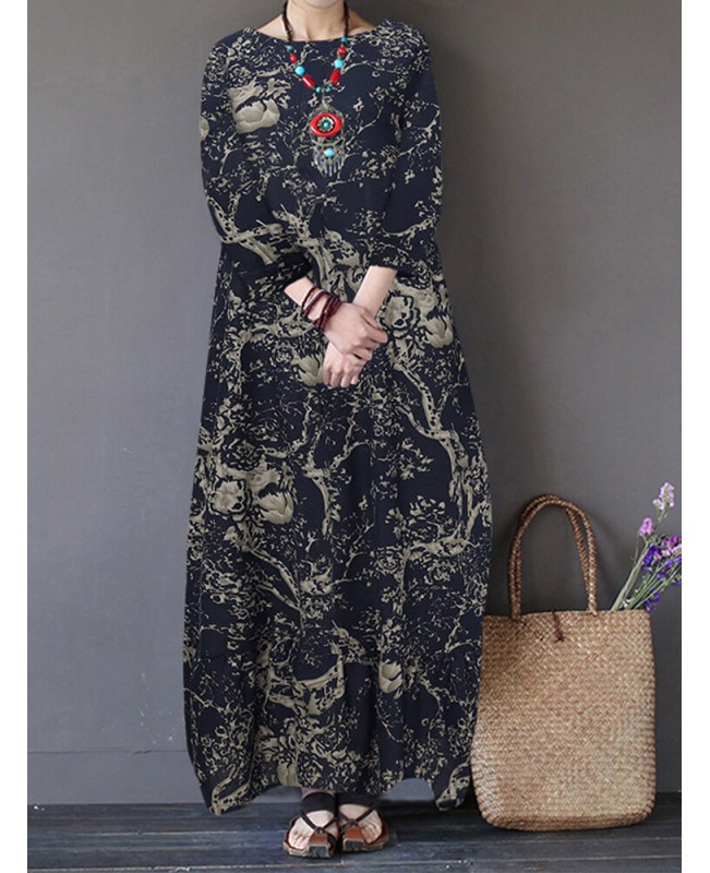 Tree Print Side Pockets O-neck 3/4 Sleeve Cotton Dress - White S
