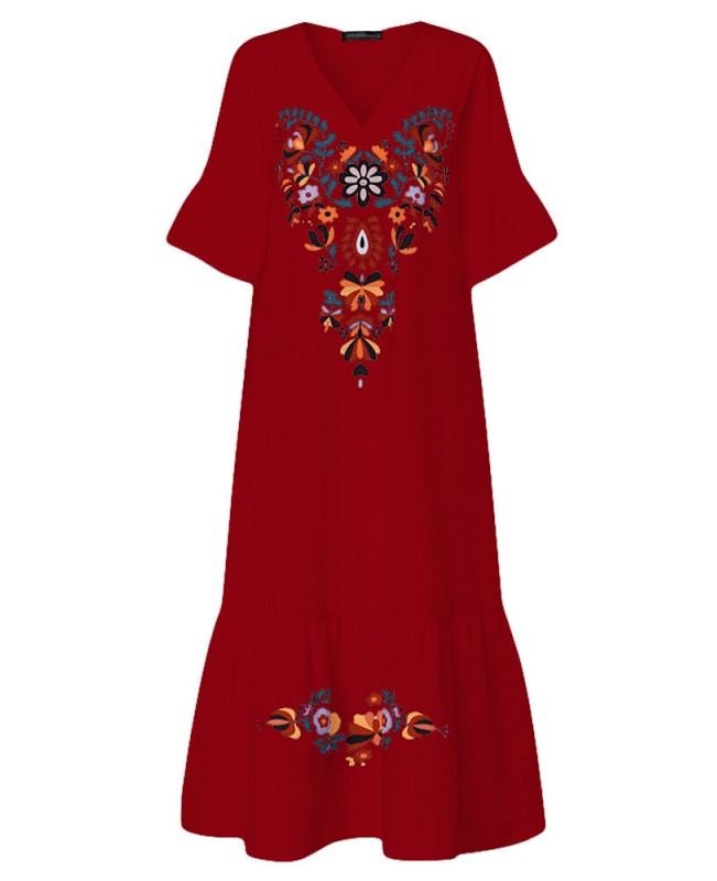 Bohemian Floral Print V-neck Flare Half Sleeve Beach Maxi Dress - Navy S