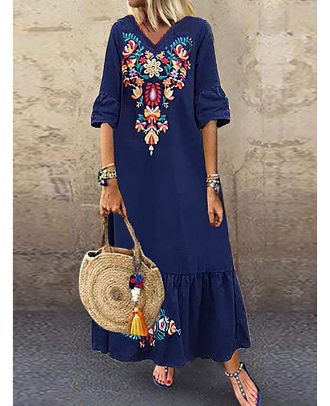 Bohemian Floral Print V-neck Flare Half Sleeve Beach Maxi Dress - Navy S