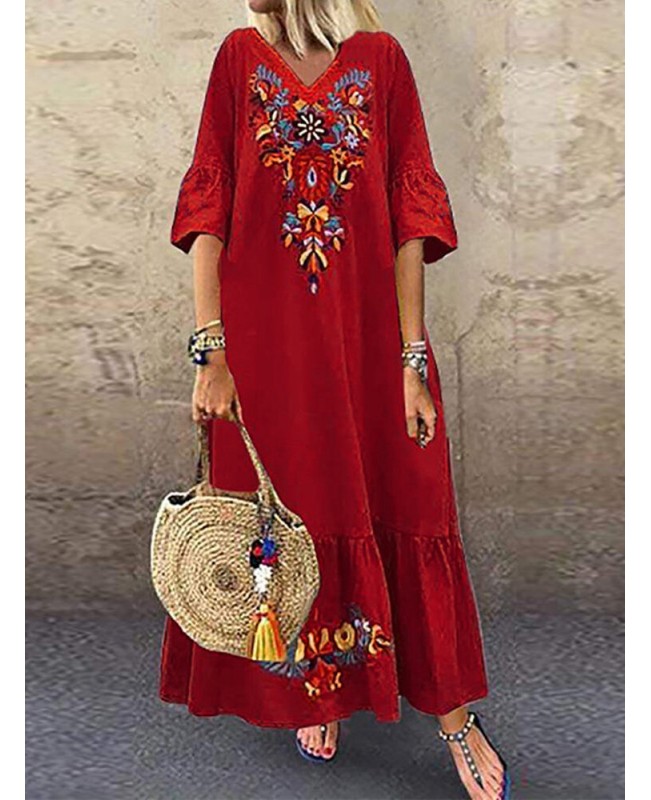 Bohemian Floral Print V-neck Flare Half Sleeve Beach Maxi Dress - Navy S