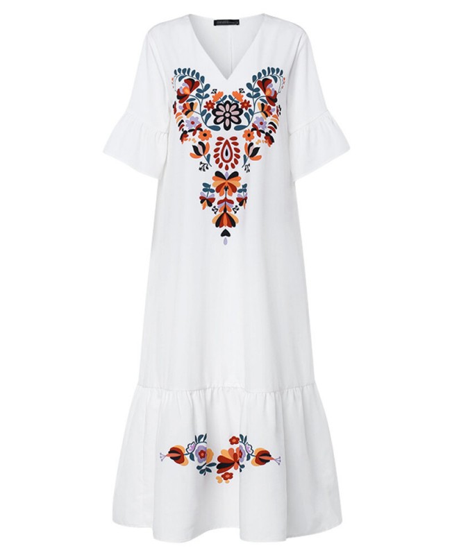 Bohemian Floral Print V-neck Flare Half Sleeve Beach Maxi Dress - Navy S