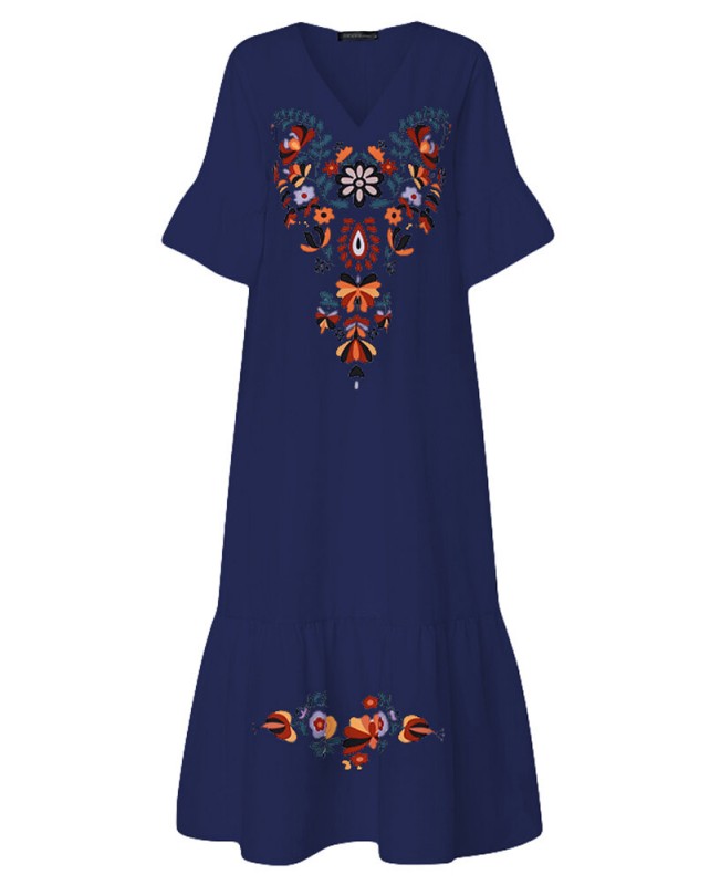 Bohemian Floral Print V-neck Flare Half Sleeve Beach Maxi Dress - Navy S