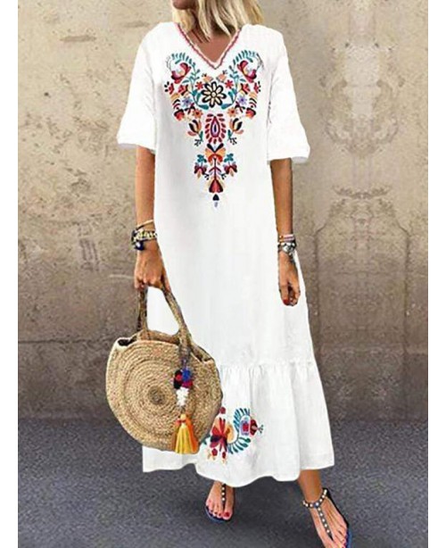 Bohemian Floral Print V-neck Flare Half Sleeve Bea...
