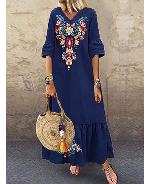 Bohemian Floral Print V-neck Flare Half Sleeve Bea...
