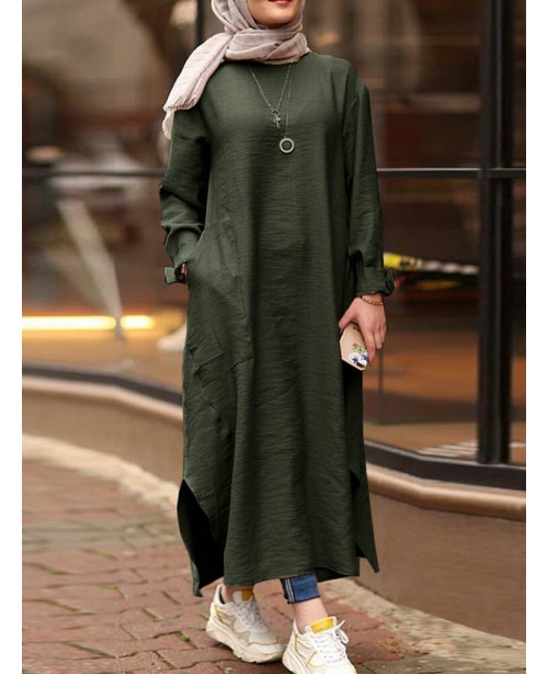 Women Solid Color O-neck Long Sleeves Splited Robe...