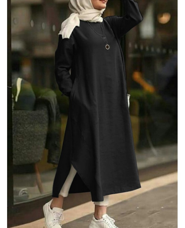 Women Solid Color O-neck Long Sleeves Splited Robe Kaftan Casual Maxi Dress With Pocket - Black S
