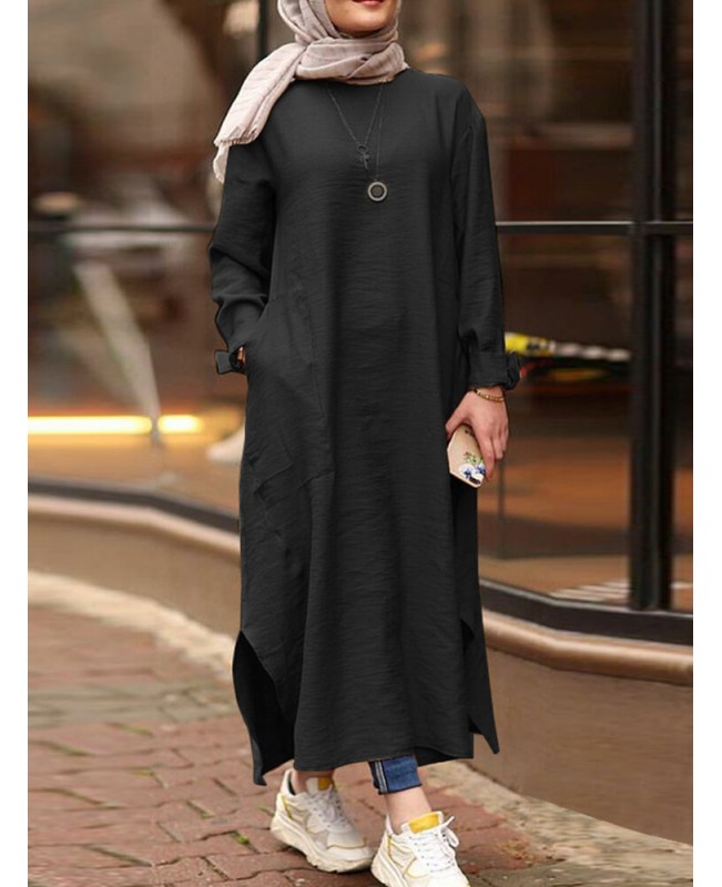 Women Solid Color O-neck Long Sleeves Splited Robe Kaftan Casual Maxi Dress With Pocket - Black S