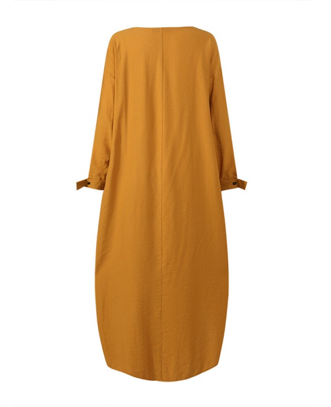 Women Solid Color O-neck Long Sleeves Splited Robe Kaftan Casual Maxi Dress With Pocket - Black S