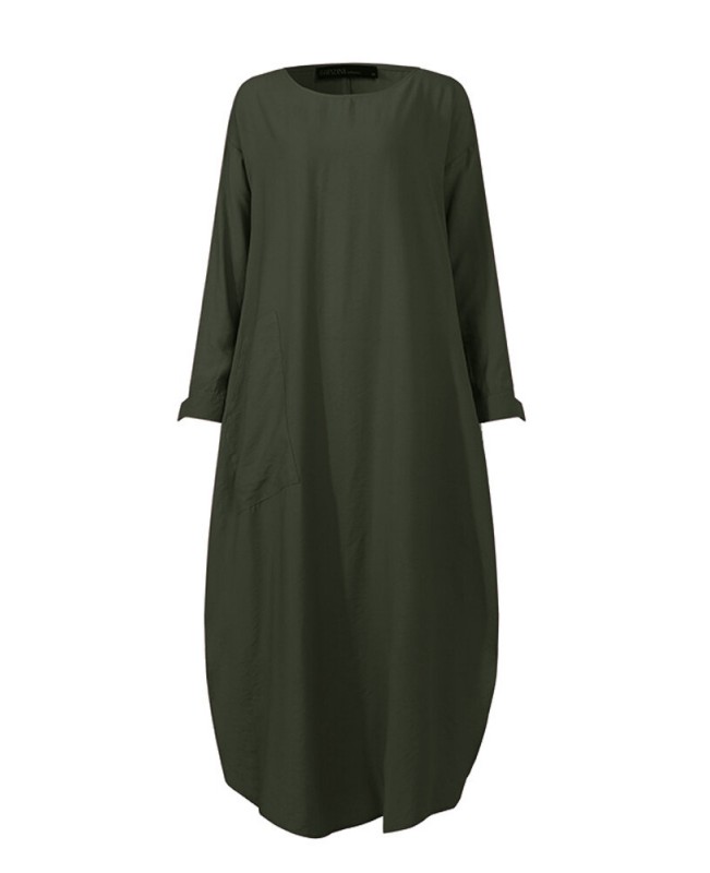Women Solid Color O-neck Long Sleeves Splited Robe Kaftan Casual Maxi Dress With Pocket - Black S