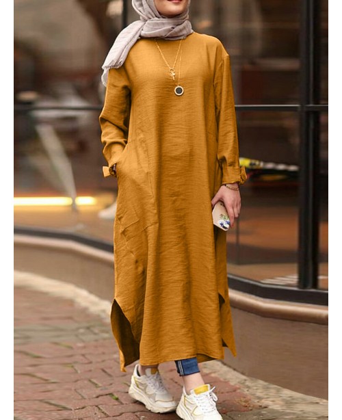 Women Solid Color O-neck Long Sleeves Splited Robe...