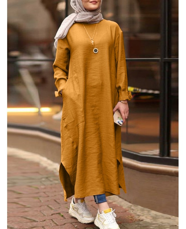 Women Solid Color O-neck Long Sleeves Splited Robe Kaftan Casual Maxi Dress With Pocket - Black S