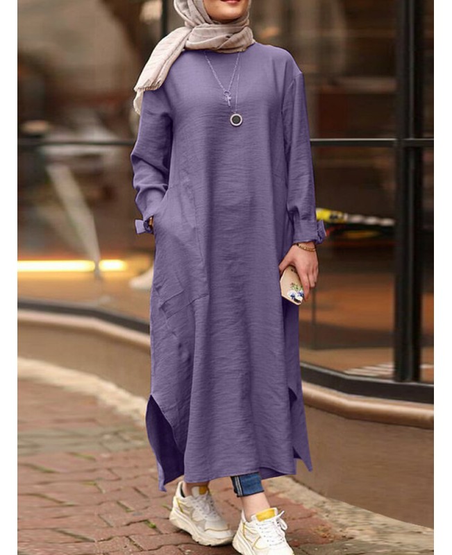Women Solid Color O-neck Long Sleeves Splited Robe Kaftan Casual Maxi Dress With Pocket - Black S
