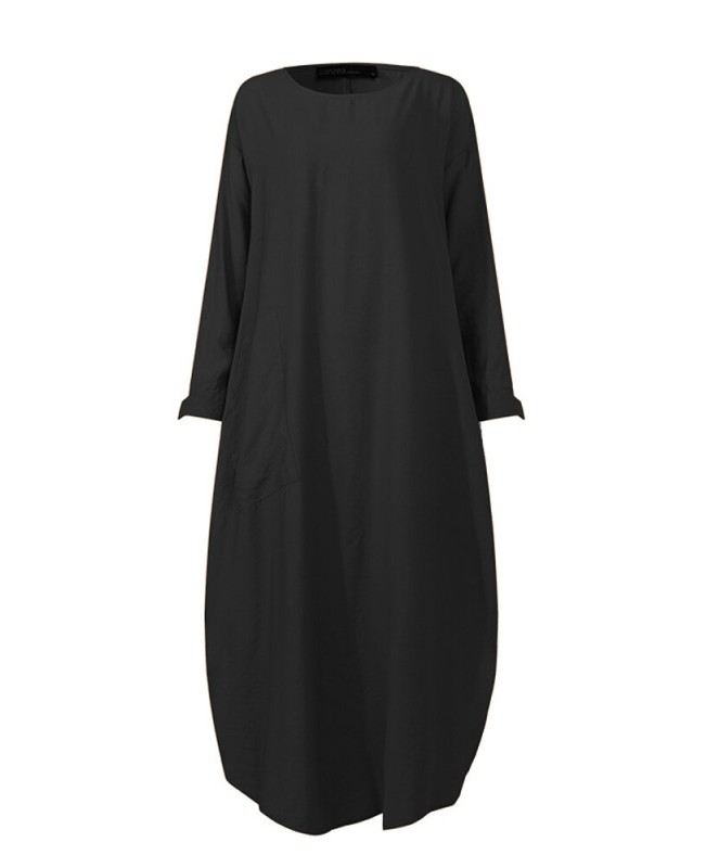 Women Solid Color O-neck Long Sleeves Splited Robe Kaftan Casual Maxi Dress With Pocket - Black S