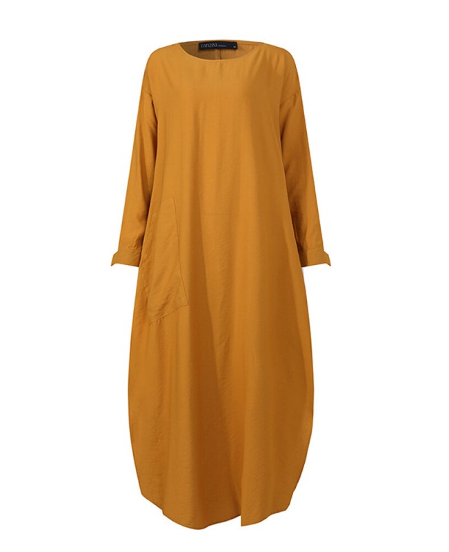 Women Solid Color O-neck Long Sleeves Splited Robe Kaftan Casual Maxi Dress With Pocket - Black S