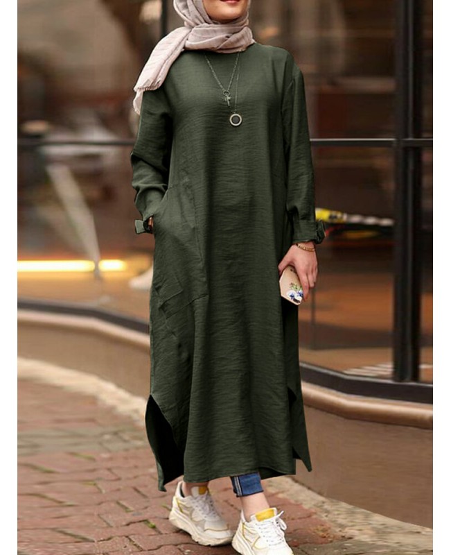 Women Solid Color O-neck Long Sleeves Splited Robe Kaftan Casual Maxi Dress With Pocket - Black S