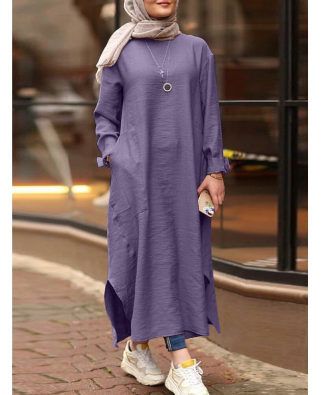Women Solid Color O-neck Long Sleeves Splited Robe Kaftan Casual Maxi Dress With Pocket - Black S