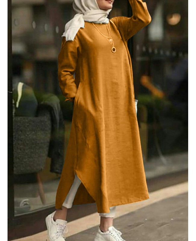 Women Solid Color O-neck Long Sleeves Splited Robe Kaftan Casual Maxi Dress With Pocket - Black S