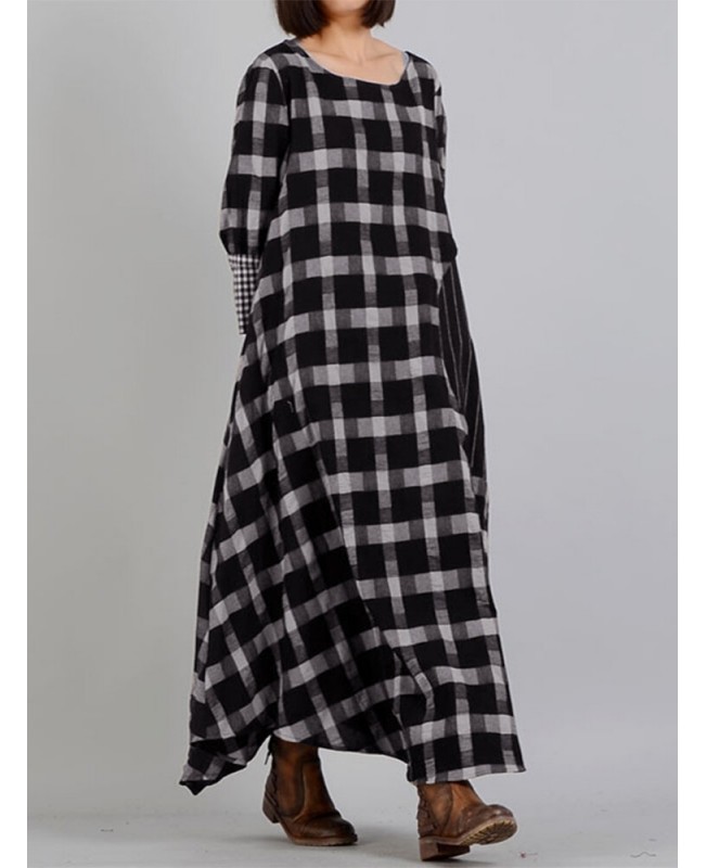 Plaid Stitching O-neck Long Sleeve Casual Maxi Dress With Pocket - Black S