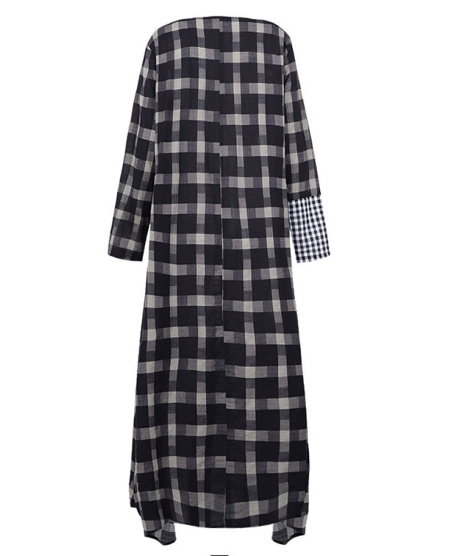 Plaid Stitching O-neck Long Sleeve Casual Maxi Dress With Pocket - Black S